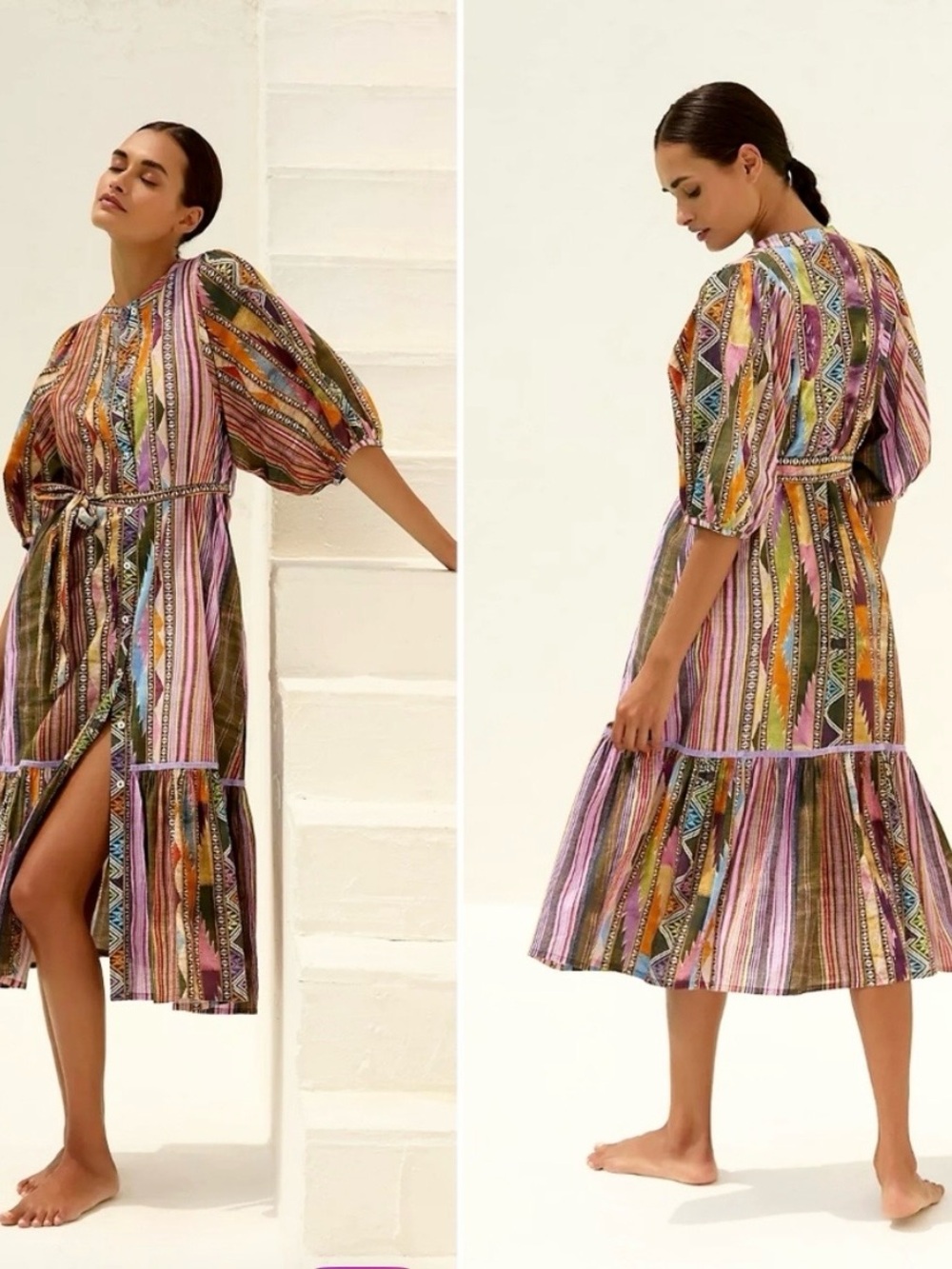 Anthropologie Striped Button-Front Midi Dress with Puff Sleeves NWT Retail $220